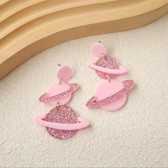 Sparkle Pink Saturn Planet Acrylic Drop Stud Earrings - Picture 1 of 7